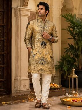 Kresno Men’s XL Indonesian Batik Mandarin Collar Paisley Shirt Hidden Buttons